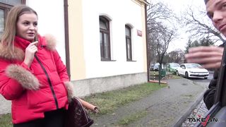 Busty chick missed train and use service of horny guys in van & fuck